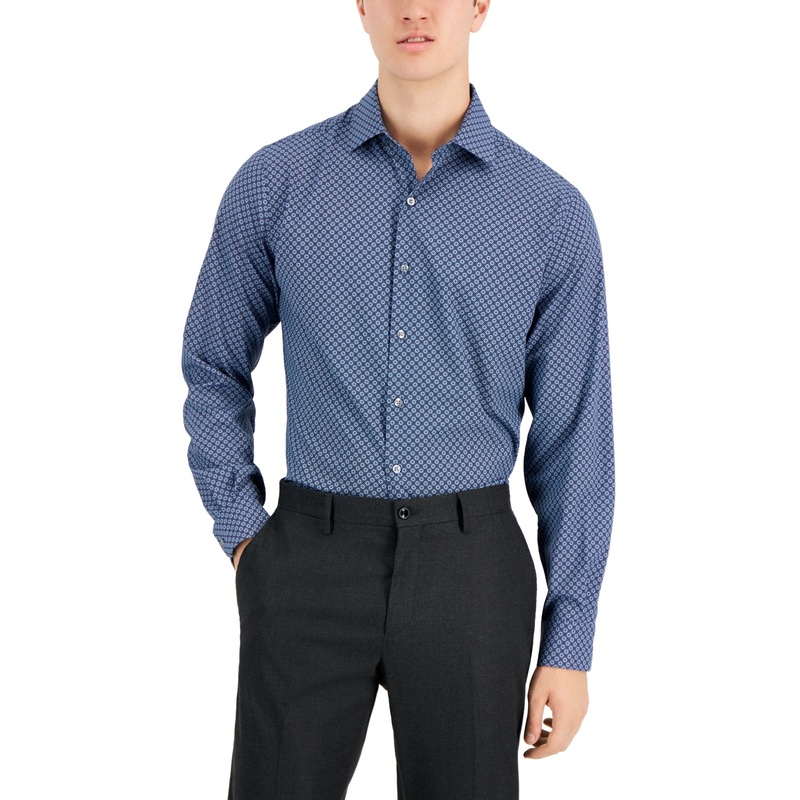 Alfani Mens Button Down Dress Shirt Geo Print Navy Blue 16 - 16.5 / 32 - 33