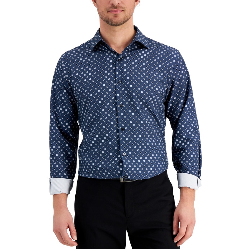 Alfani Mens Geo-Print Button Down Dress Shirt Navy White 16 16 1/2 34 35