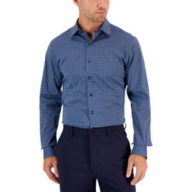 Alfani Mens Slim Fit Geometric Button Down Dress Shirt Blue 14 - 14.5 / 32 - 33