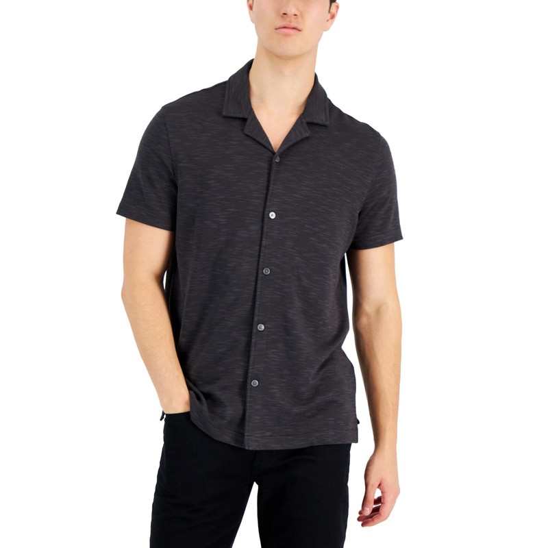 Alfani Mens Space-Dyed Textured Short Sleeve Button Down Shirt Deep Black Medium