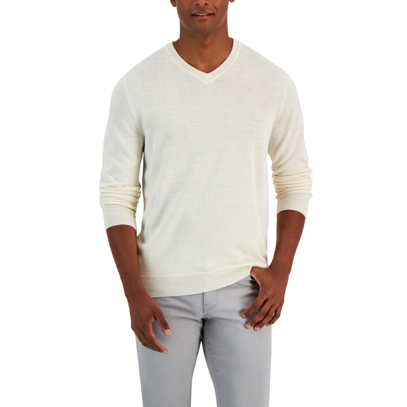 Club Room Mens Solid V-Neck Sweater Natural Large