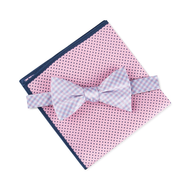 Tommy Hilfiger Men's Gingham Bow Tie Necktie Dot Pocket Square Set Pink