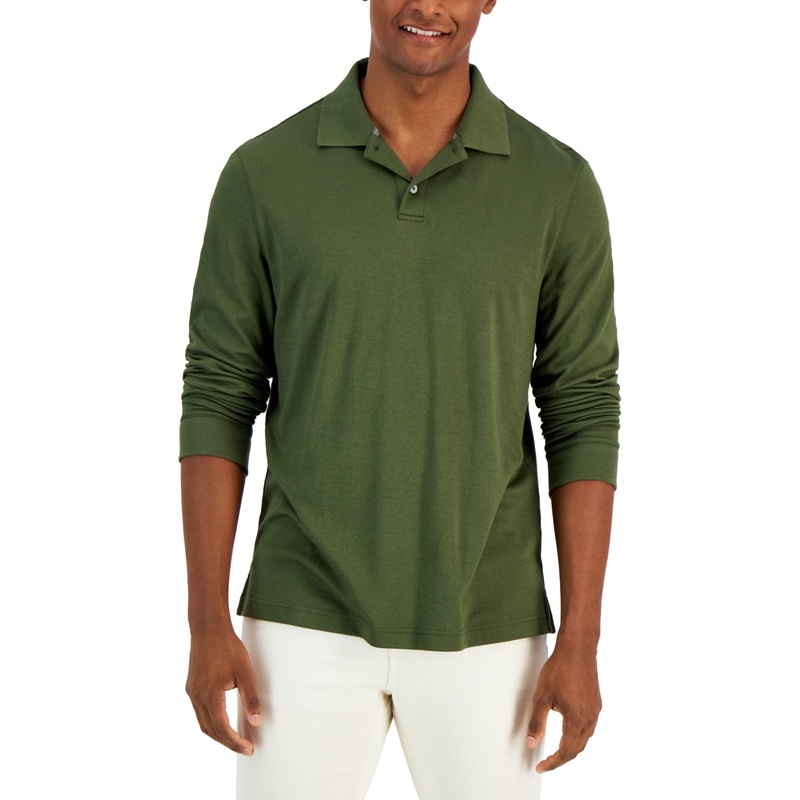 Alfani Men's Regular Fit Solid Costa Green Long Sleeve Polo Shirt Large