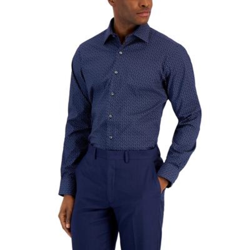 Alfani Mens Angled Geo-Print Dress Button Down Shirt Navy 17 17 1/2 36 37