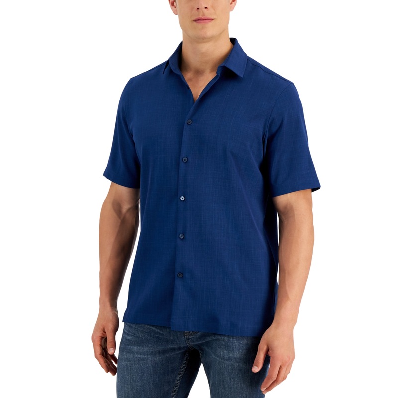 Alfani Mens Blazing Button Down Short Sleeve Shirt Navy  2XL