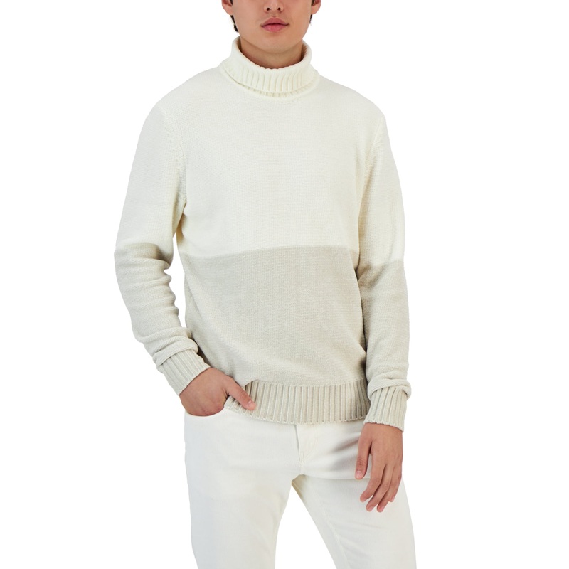 Alfani Mens Colorblocked Long Sleeve Turtleneck Sweater Moonstruck Beige XL