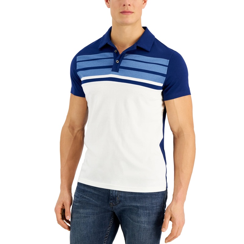 Alfani Mens Colorblocked Stripe Print Egret Blue Short Sleeve Polo Shirt Large