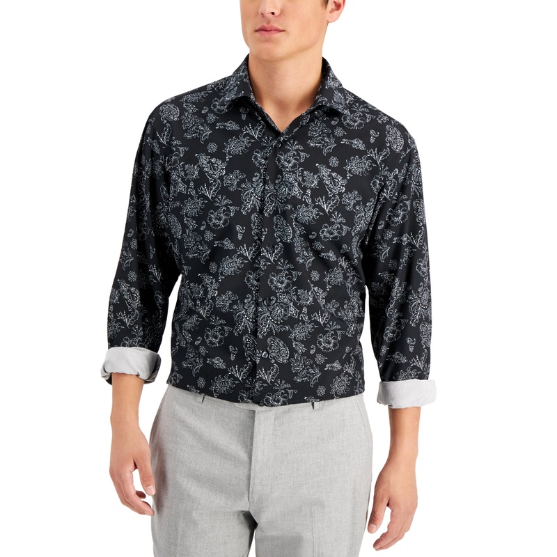 Alfani Mens Floral Button Down Dress Shirt Black White 14 - 14.5 / 32 - 33