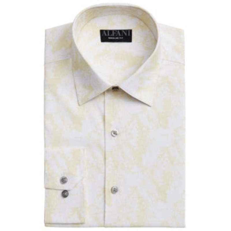 Alfani Mens Non-Iron Dress Button Down Shirt White Yellow 16 16 1/2 34 35
