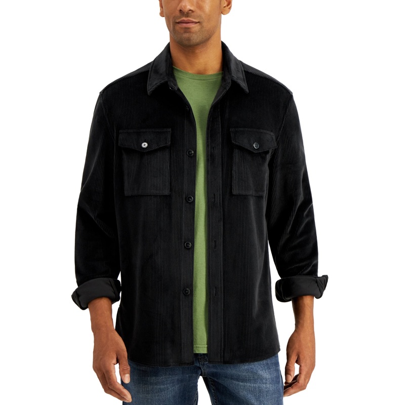 Alfani Mens Regular Fit Corduroy Button Down Shirt Jacket Black Small