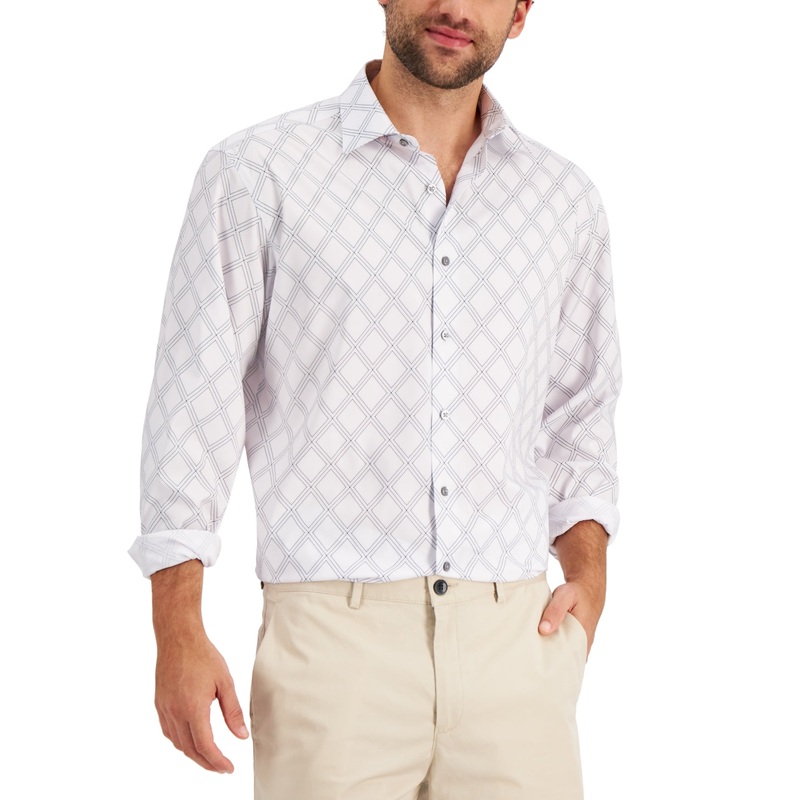 Alfani Mens Slim Fit Button Down Shirt White Black 15 - 15.5 / 32 - 33