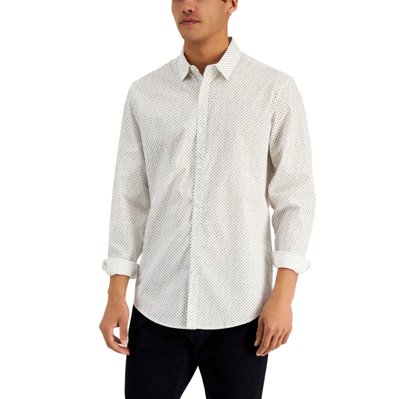 Alfani Mens Zoni Geometric Print Button Down Shirt Egret Small