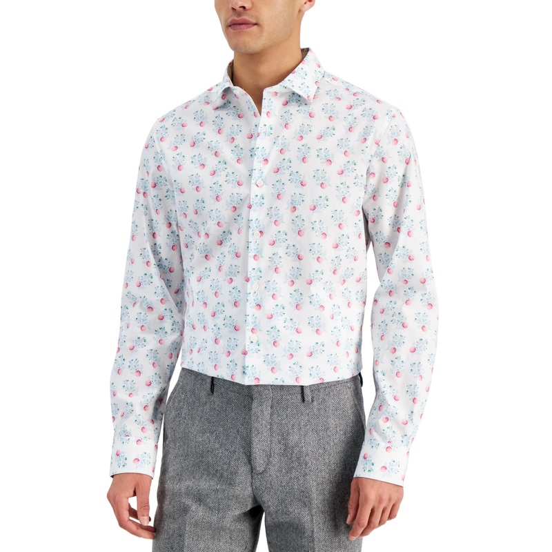 Bar III Men's Berry-Print Button Down Shirt White Pink Medium