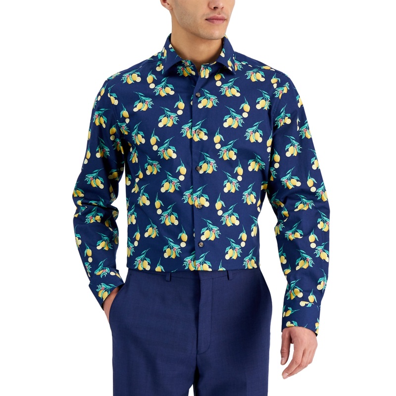 Bar III Men's Lemon Print Button Down Dress Shirt Navy Blue Yellow Medium
