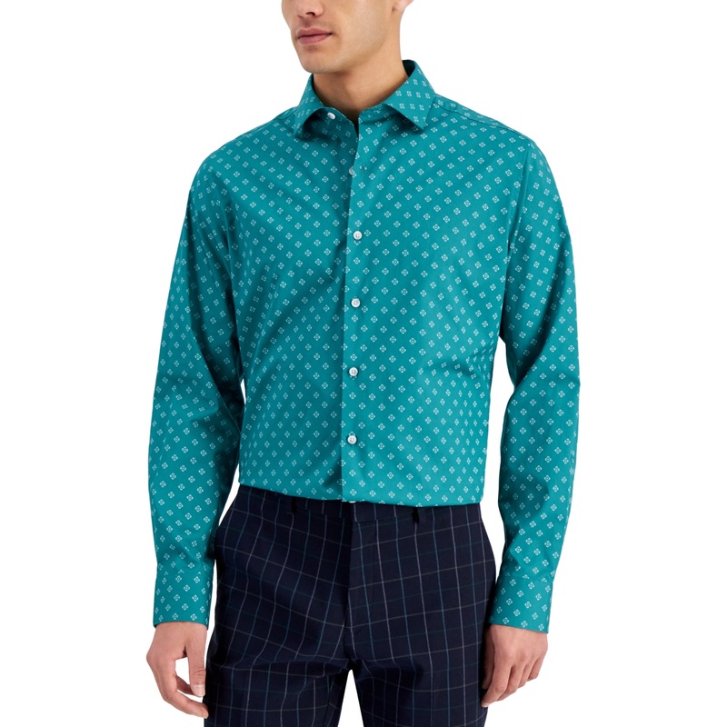 Bar III Men's Medallion Button Down Dress Shirt Green Medium