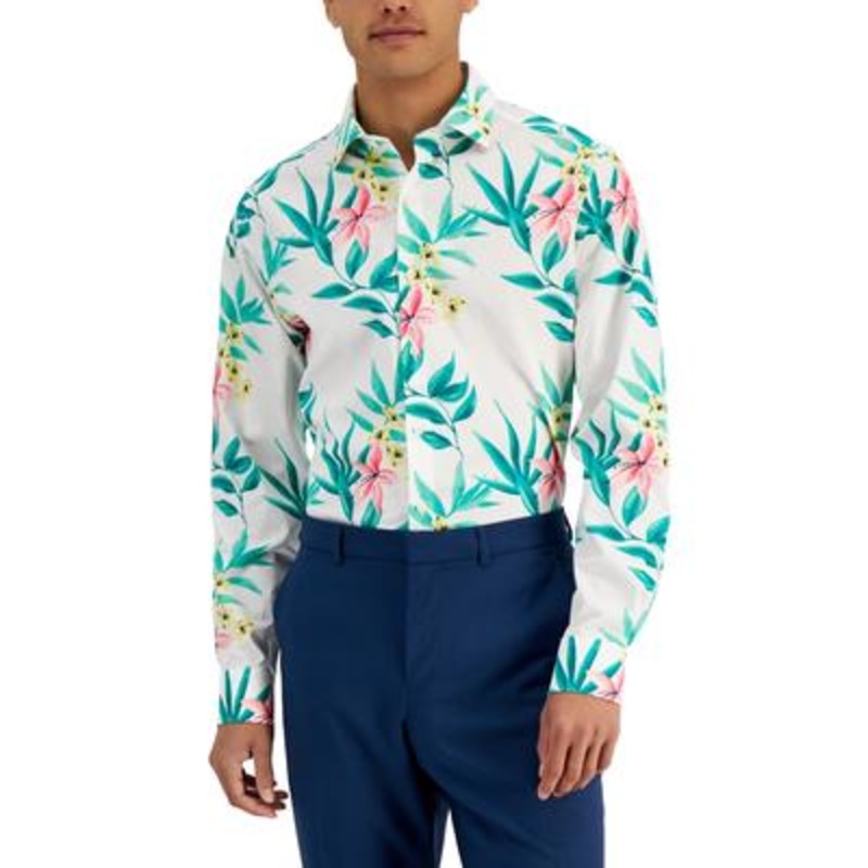 Bar III Men's Tropical Print Button Down Dress Shirt White Green XL