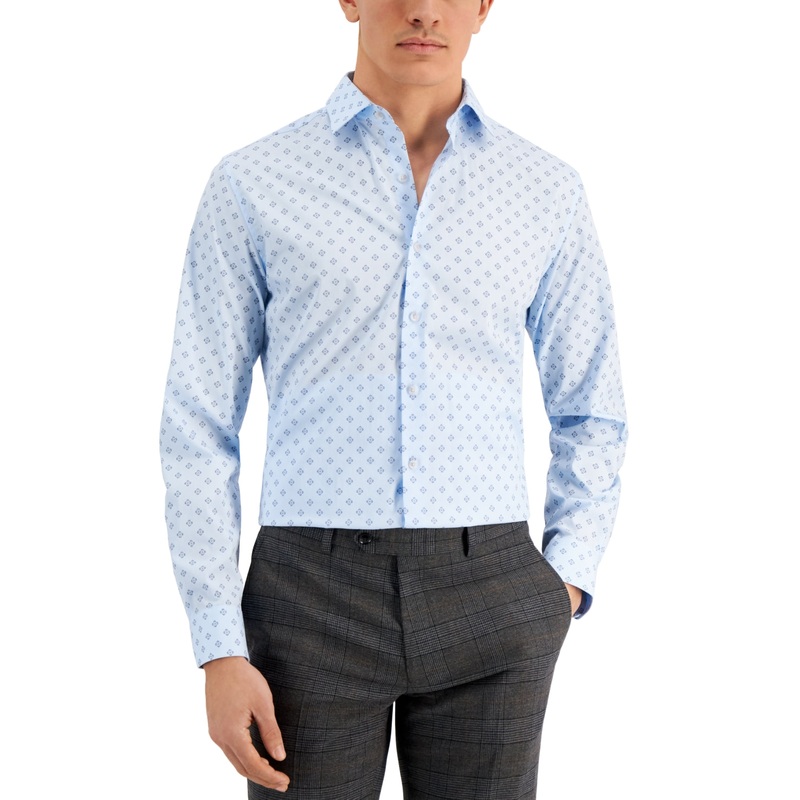 Bar III Mens Medallion Button Down Dress Shirt Blue Medium