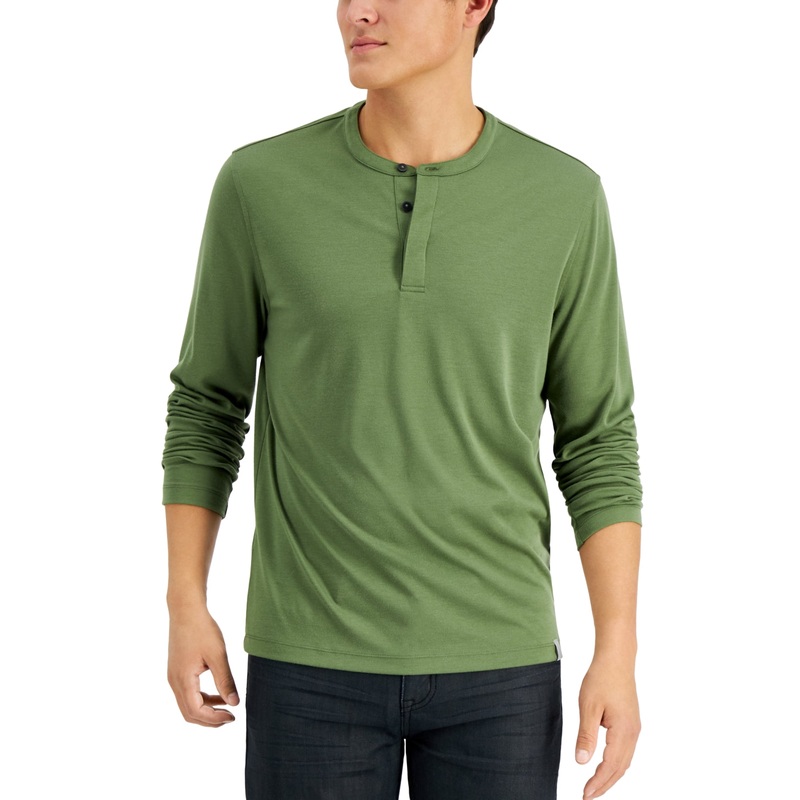 Alfani Mens Alfatech Solid Henley Olivine Green Shirt XXL 2XL Long Sleeve