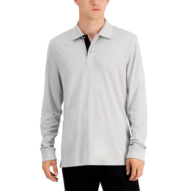 Alfani Mens Regular-Fit Solid Long Sleeve Polo Shirt Grey Heather Small