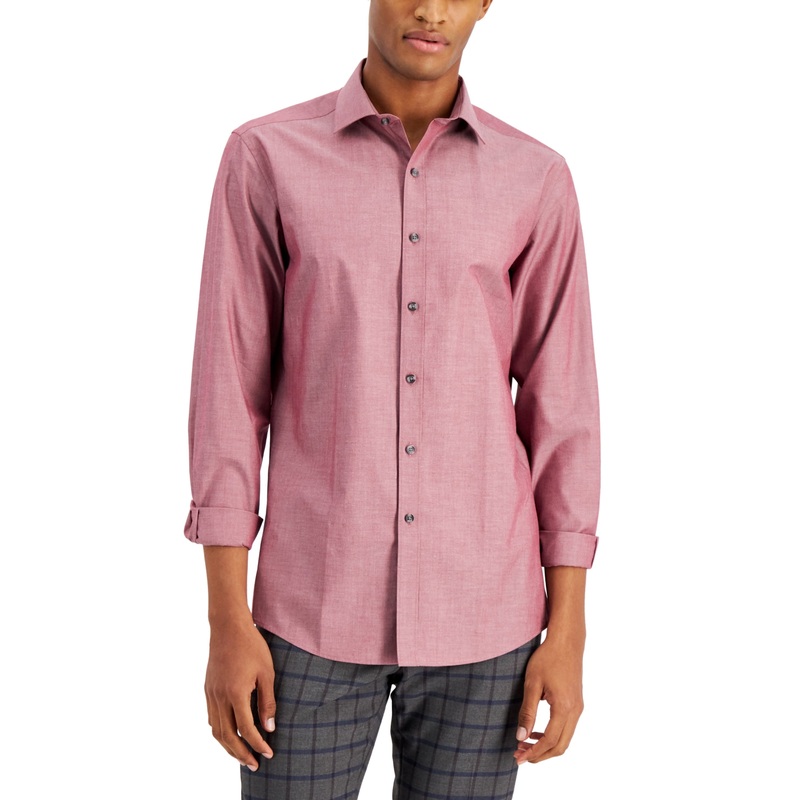 Bar III Mens Slim Fit Performance Stretch Button Down Shirt Burgundy Red Small