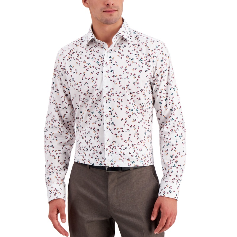 Bar III Mens Slim Fit Performance Stretch Button Down Shirt White Red Medium
