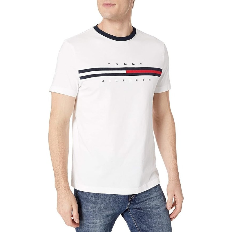 Tommy Hilfiger Men's Short Sleeve Signature Stripe Graphic T Shirt Medium White