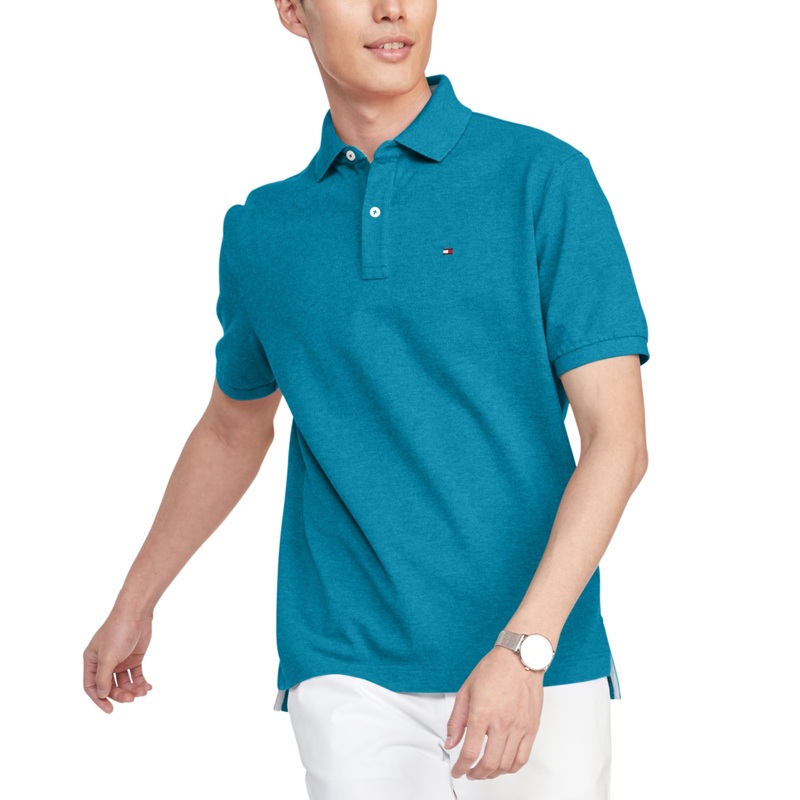 Tommy Hilfiger Mens Custom-Fit Ivy Polo Shirt Teal Heather Small