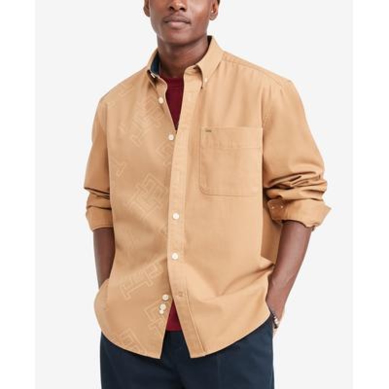 Tommy Hilfiger Mens Monogrammed Long Sleeve Button Down Shirt Brown Tan XL