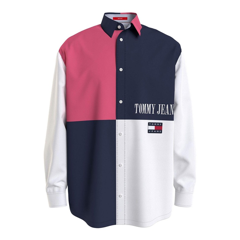 Tommy Jeans Men's TJM Archive Colorblock Skate Fit Button Down Shirt Blue Large