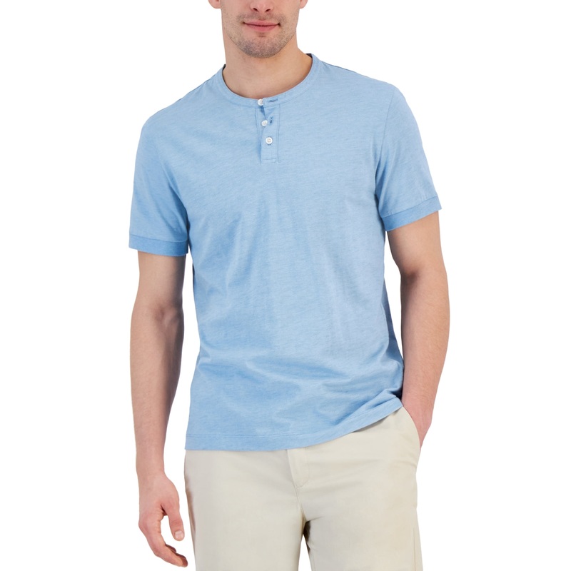 Alfani Men's Blurred Flower Short Sleeve Henley Shirt Blue Small