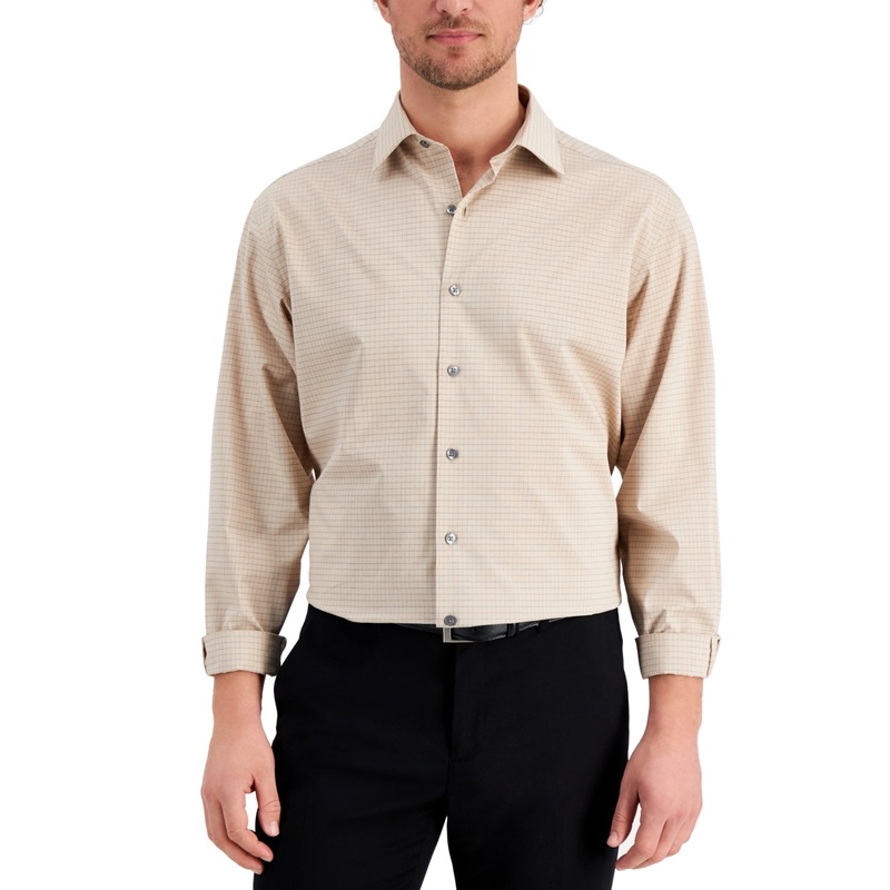 Alfani Men's Mini Plaid Button Down Dress Shirt Tan 15 - 15.5 / 32 - 33
