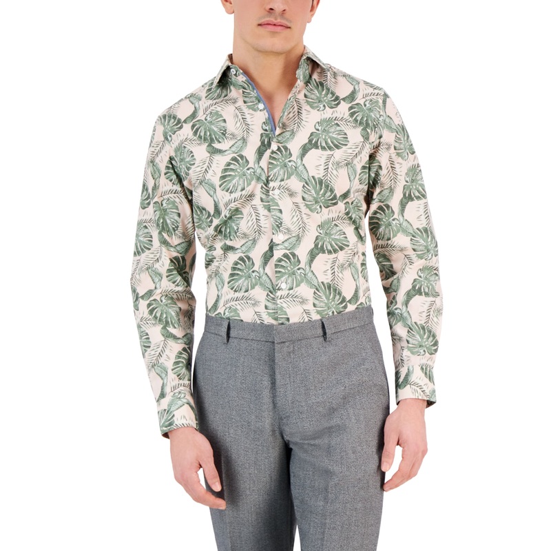 Bar III Men's Slim Fit Botanical Apricot Green Button Down Shirt Small