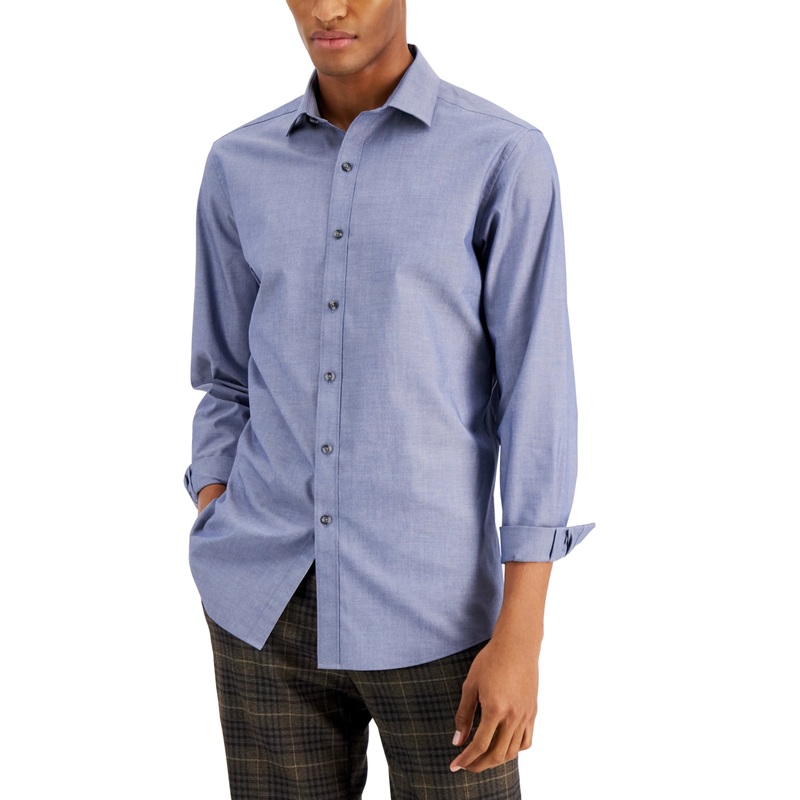 Bar III Men's Slim Fit Performance Button Down Shirt Indigo Blue Small