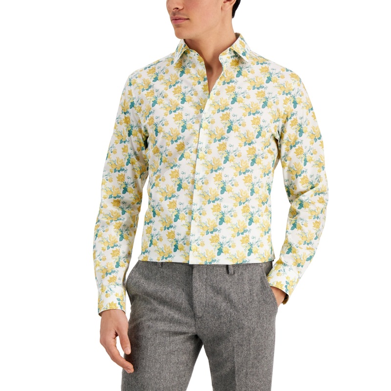 Bar III Men's Watercolor Floral Button Down Dress Shirt Yellow Green Medium