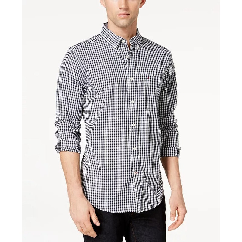 Tommy Hilfiger Men's Twain Classic-Fit Button Down Dress Shirt Medium Blue Check