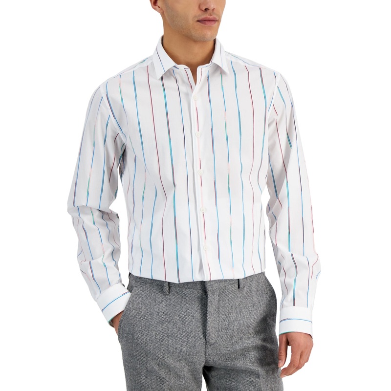 Bar III Men's Painted Stripe Button Down Dress Shirt White Multi Small