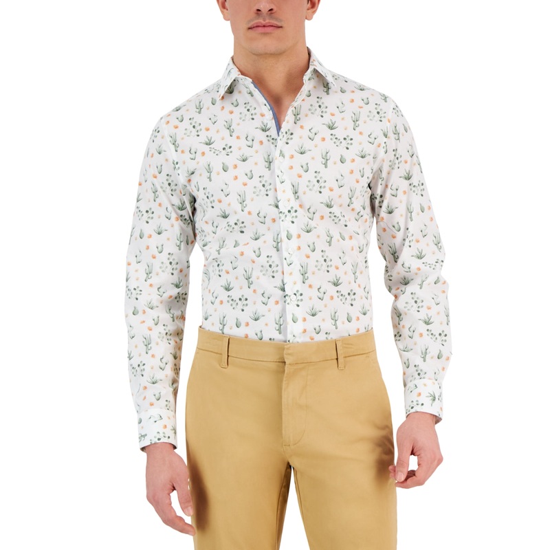 Bar III Men's Slim Fit Cactus Print Button Down Shirt White Olive Green Large