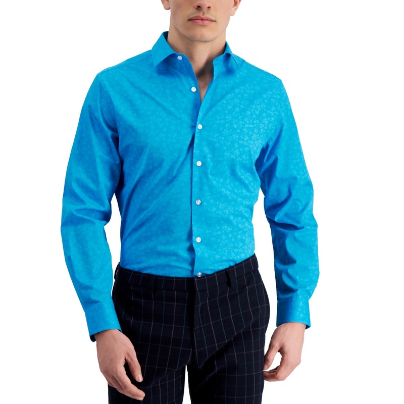 Bar III Men's Slim Fit Floral Stretch Button Down Dress Shirt Teal Small