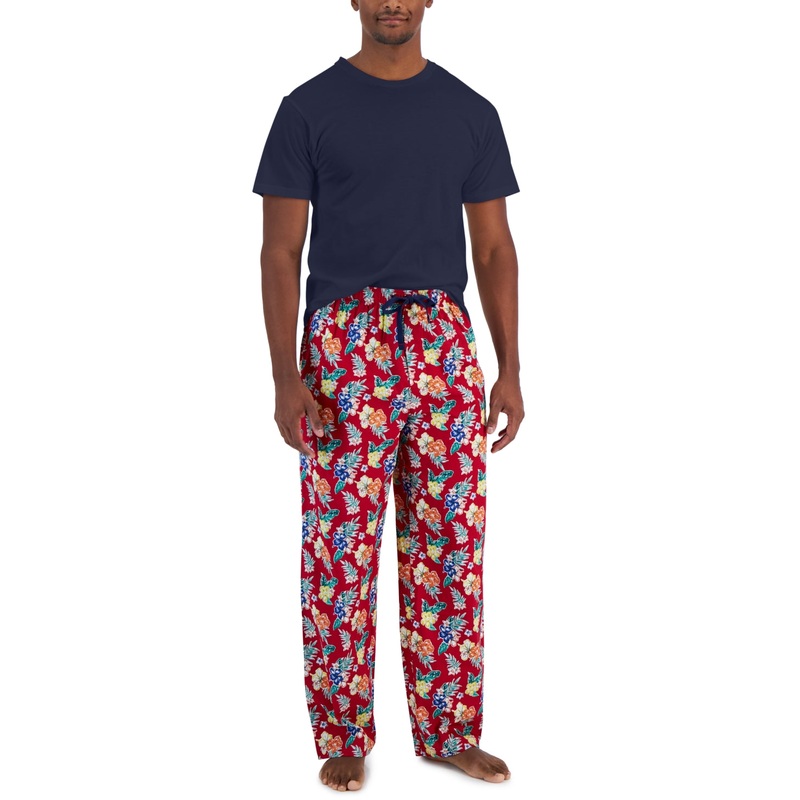 Club Room Mens 2pc Tropical Pant and Shirt Pajama Set Red Navy Medium