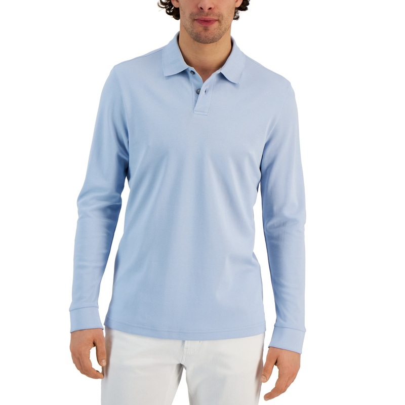 Alfani Men's Classic-Fit Solid Long-Sleeve Polo Shirt Medium Blue Supima Cotton