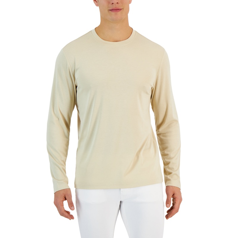 Alfani Mens Alfatech Long Sleeve Crewneck Shirt Brown Rice Large