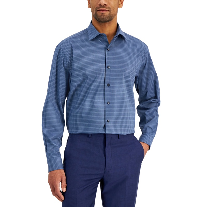 Alfani Mens Blue Mini Plaid Button Down Dress Shirt 16 - 16.5 / 32 - 33