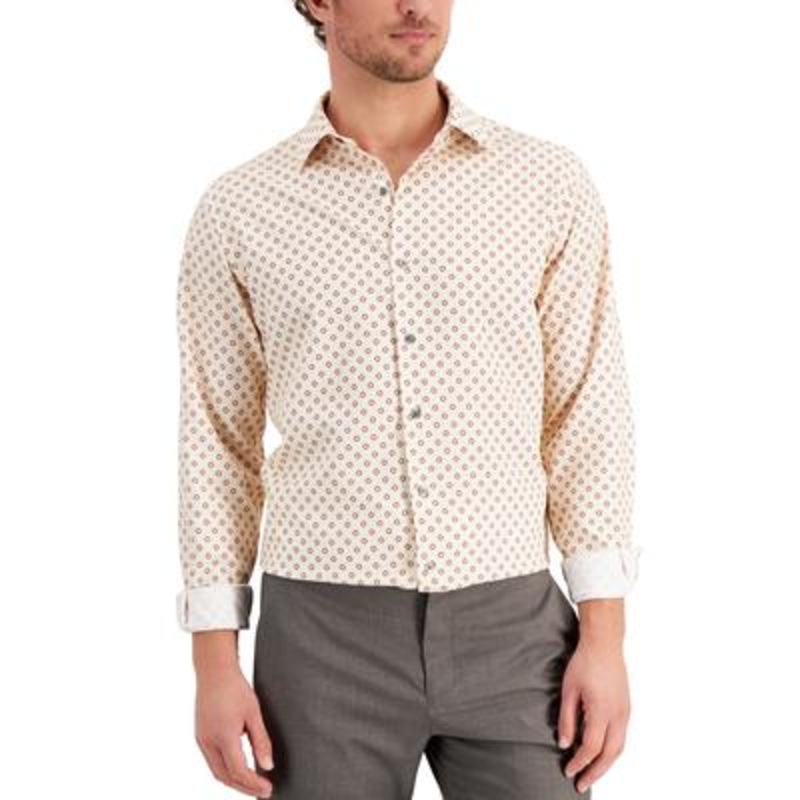Alfani Mens Geo-Print Button Down Dress Shirt Tan Berry 16-16 1/2 32-33