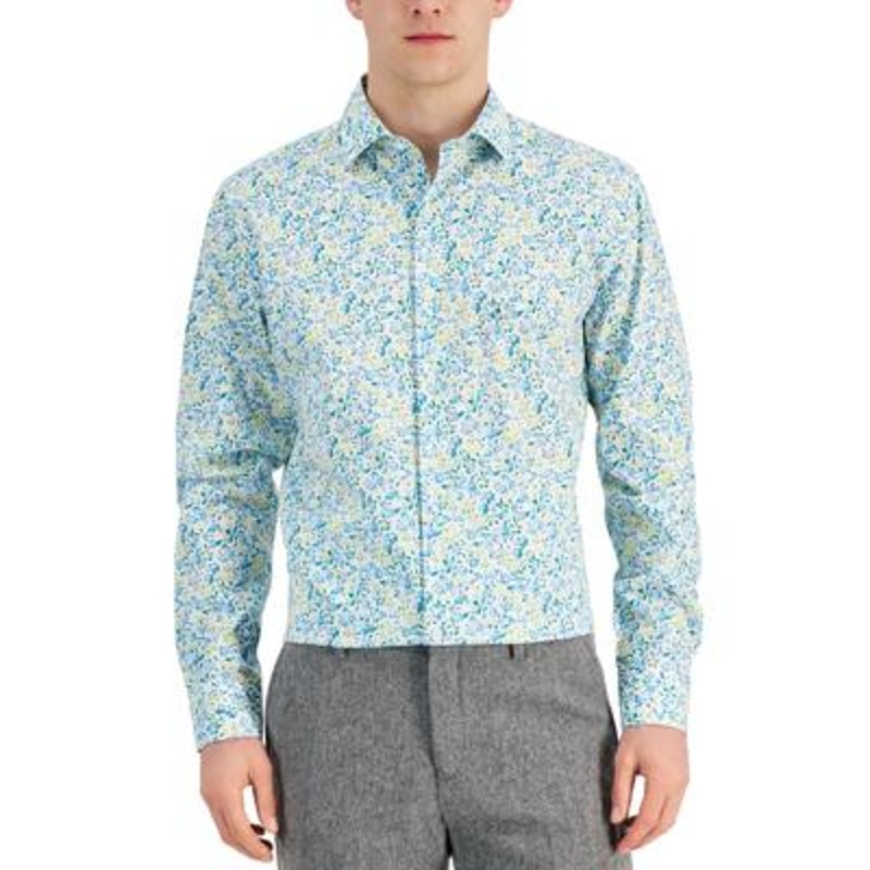 Bar III Men's Calma Floral Button Down Dress Shirt Blue Yellow Medium