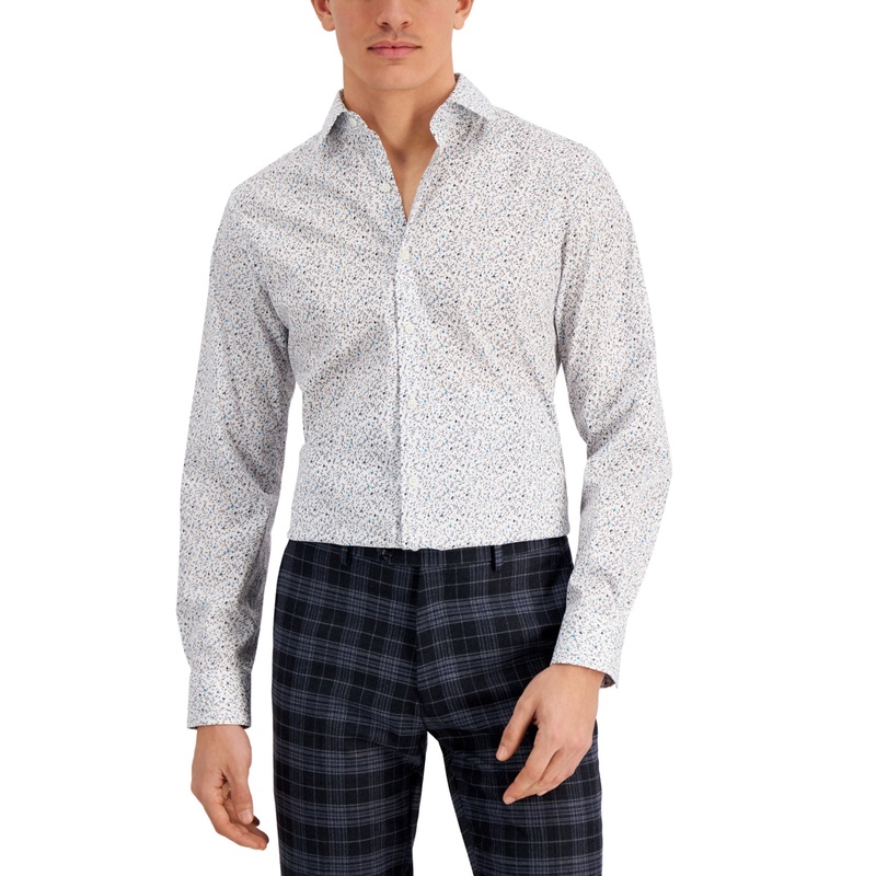 Bar III Men's Floral Long Sleeve Button Down Shirt White Blue Small