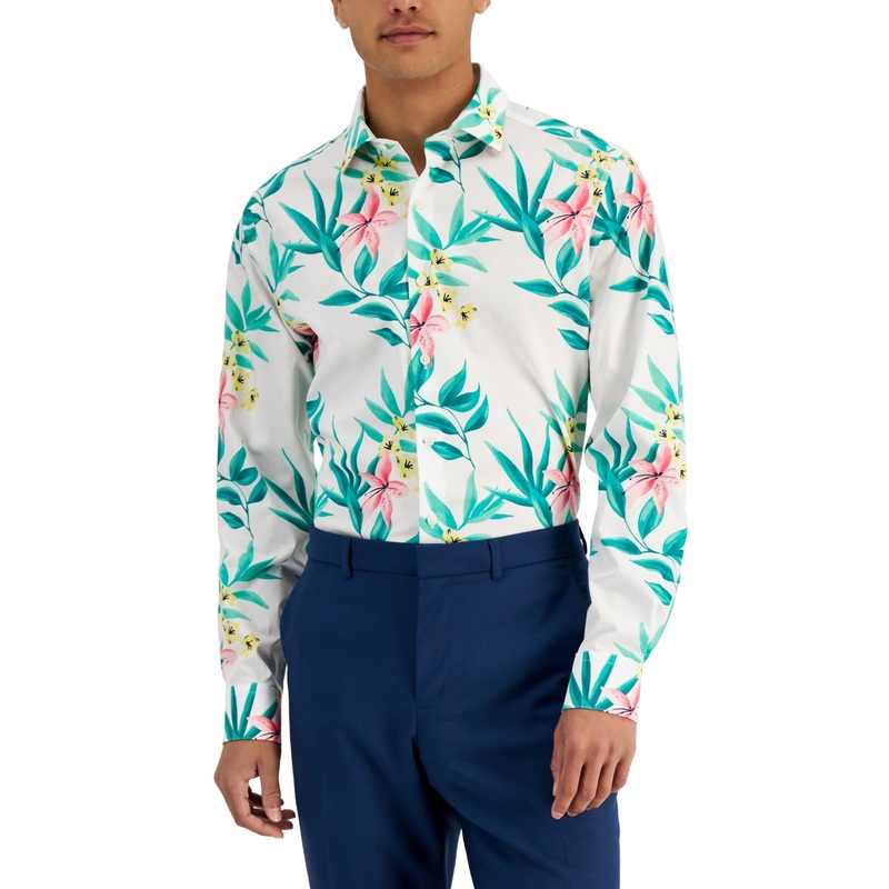 Bar III Men's Tropical Print Button Down Dress Shirt  Green White Medium