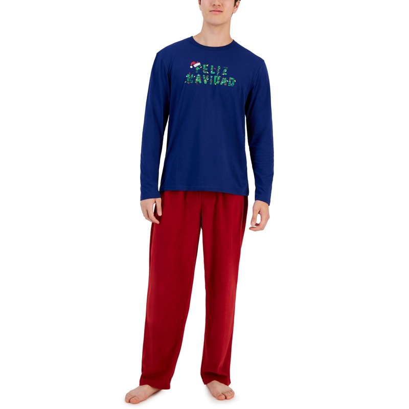 Club Room Mens Long-Sleeve T Shirt Pajama Pants Set Rich Evergreen Blue Large