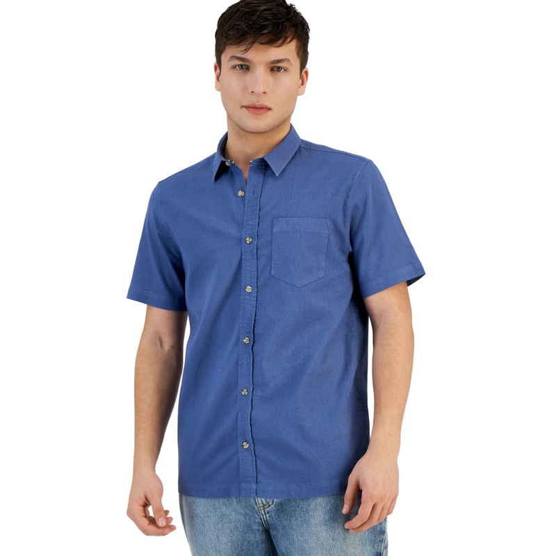 Sun + Stone Mens Blake Chambray Short Sleeve Button Down Shirt Blue 2XL
