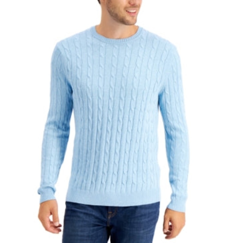Club Room Men's Cableknit Cotton Sweater Light Blue Large Crewneck