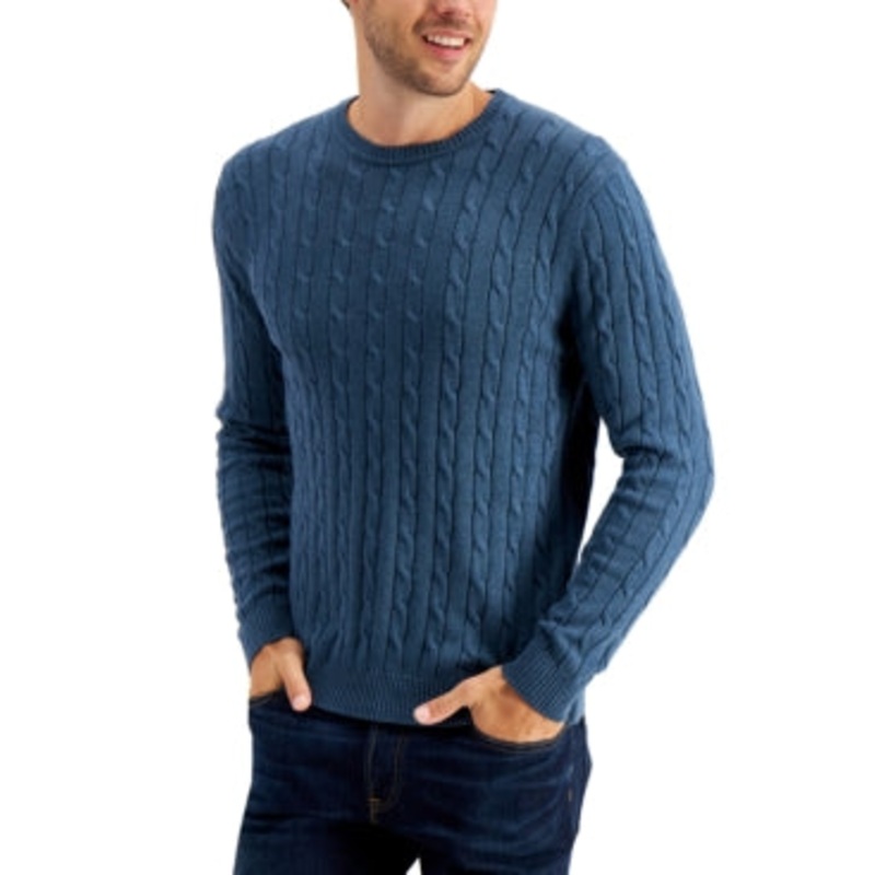 Club Room Mens Cable-Knit Crewneck Sweater Blue Small